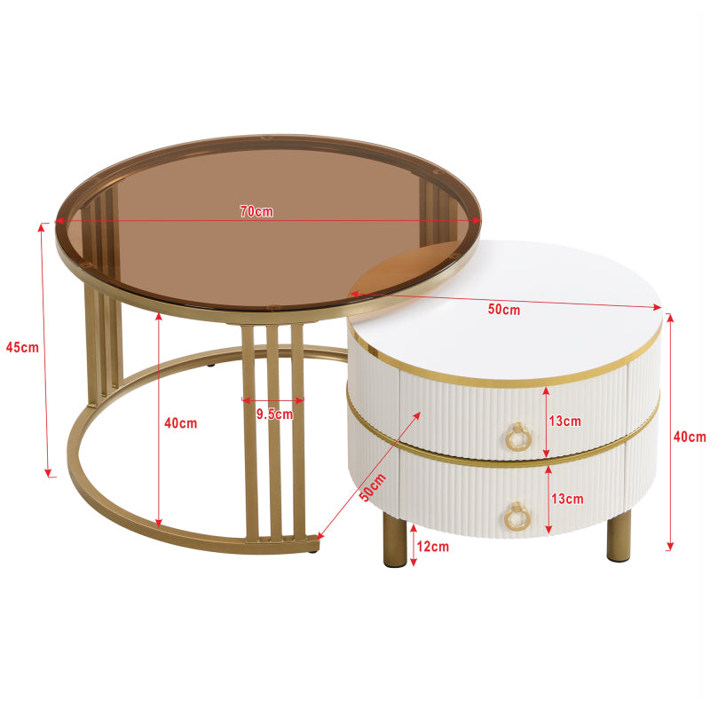 2-in-1 runder Couchtisch aus MDF, Beistelltisch mit 1 weißen Platte und 1 braunen Platte aus gehärtetem Glas, Couchtischkombination mit 2 Schubladen für das Wohnzimmer, 70*70*45 + 50*50*40 cm
