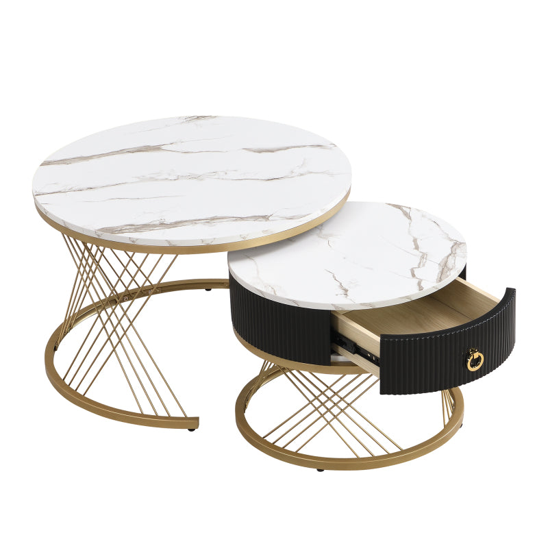 Eleganter zusammensetzbarer Couchtisch: Marmoroptik, Golddekor, Beistelltisch mit Schubladen – 2er-Set