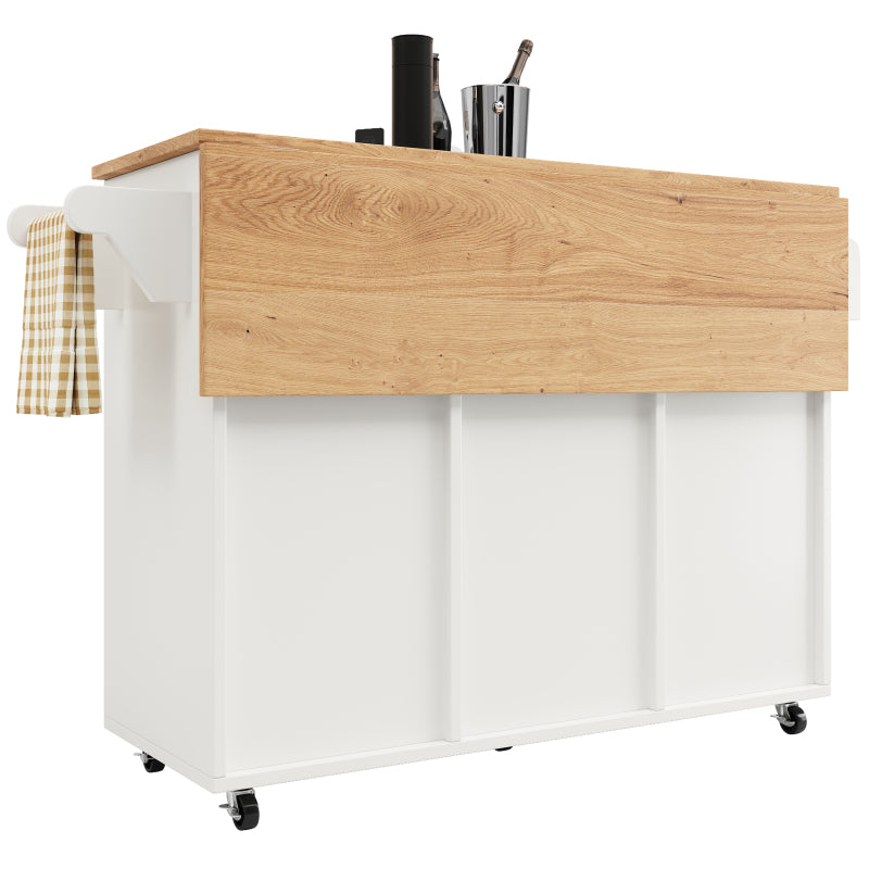 Kücheninsel mit herausnehmbaren Trennwänden, Küchenschrank, Esszimmerwagen mit Arbeitsplatte, Buffetschrank, Esszimmerwagen mit Holzmaserung, seitlicher Handtuchhalter mit Flaschenhalter, weiß