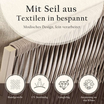Garten-Lounge-Set mit verzinktem Eisenrahmen, Gartenmöbel-Set aus Seil, Lounge-Set aus khakifarbenem Seil mit Sitzkissen, verstellbaren Füßen, glatter Glasplatte, 4er-Set, inklusive aller Kissen
