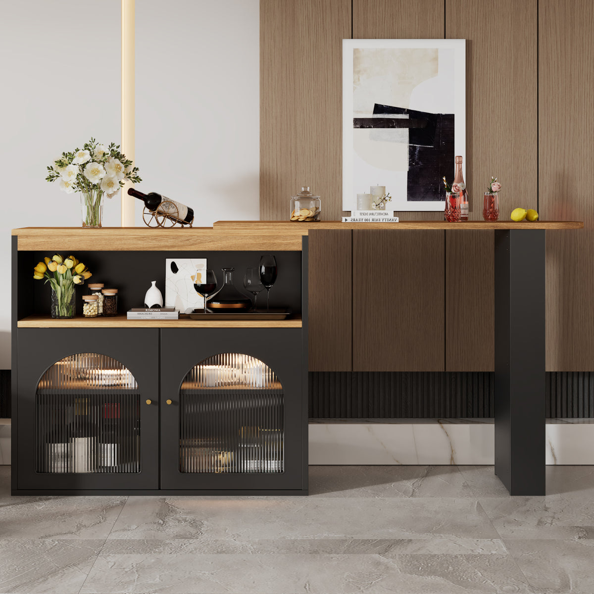 Bartisch ausziehbar 138-193cm, 360° drehbarer Stehtisch mit LED-Beleuchtung & Glasfront, Bistrotisch mit 3 Ablagen, Küchentisch, Schwarz