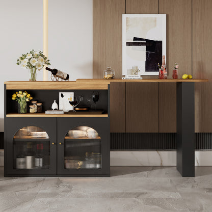 Bartisch ausziehbar 138-193cm, 360° drehbarer Stehtisch mit LED-Beleuchtung & Glasfront, Bistrotisch mit 3 Ablagen, Küchentisch, Schwarz