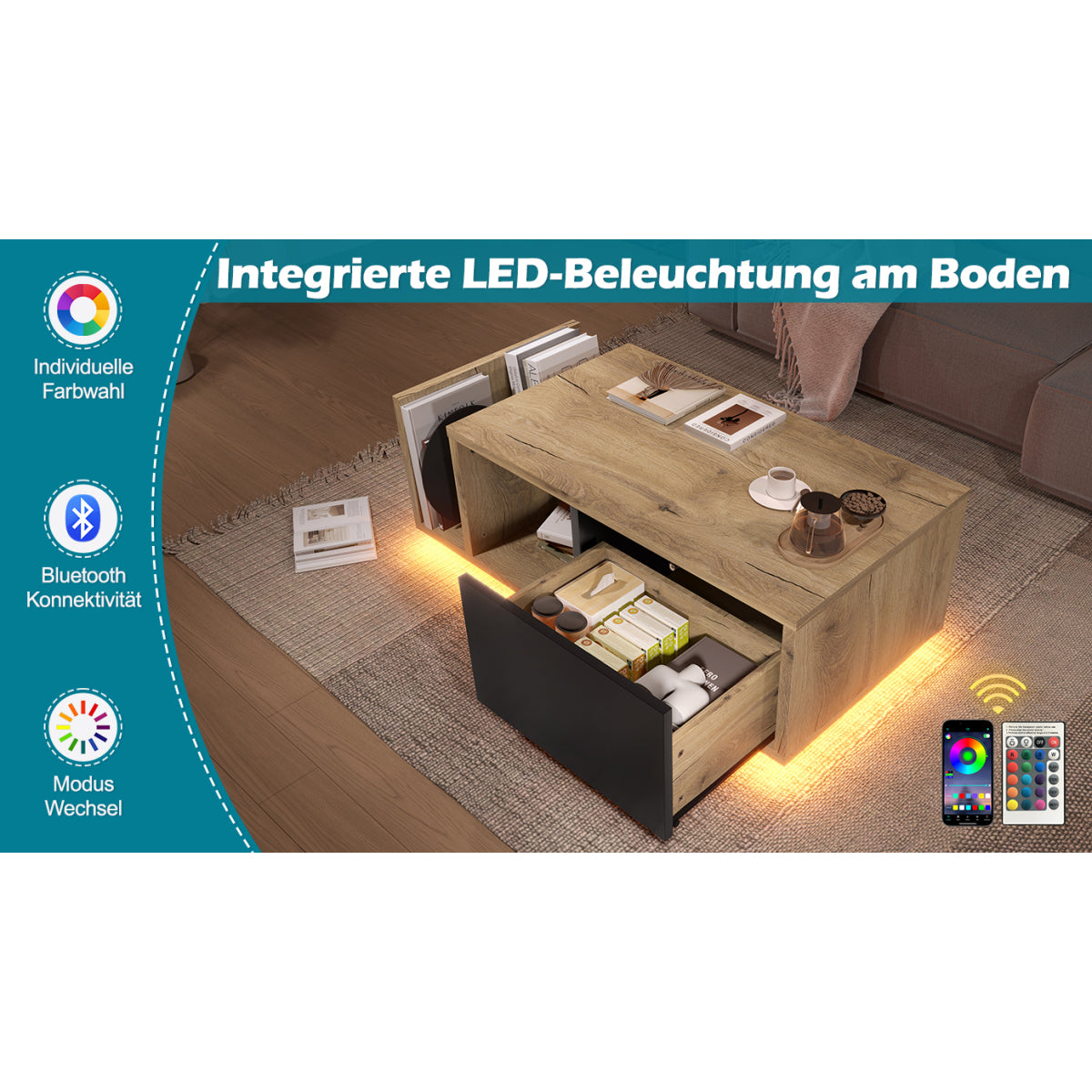 Couchtisch mit LED-Beleuchtung, Wohnzimmertisch mit Schublade und Stauraum, Holzoptik & Metall