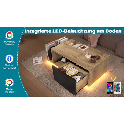 Couchtisch mit LED-Beleuchtung, Wohnzimmertisch mit Schublade und Stauraum, Holzoptik & Metall