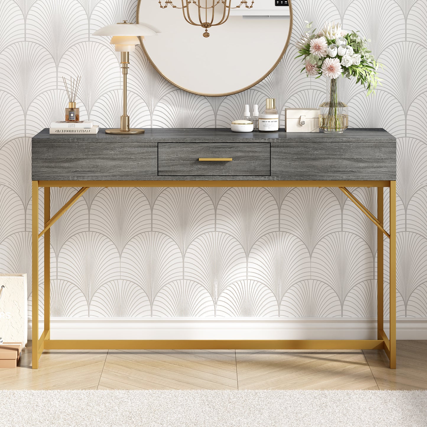 Konsolentisch,Flurtisch mit 2 Schublade ,Leichter Luxus-Stil Beistelltisch, Grau/Gold