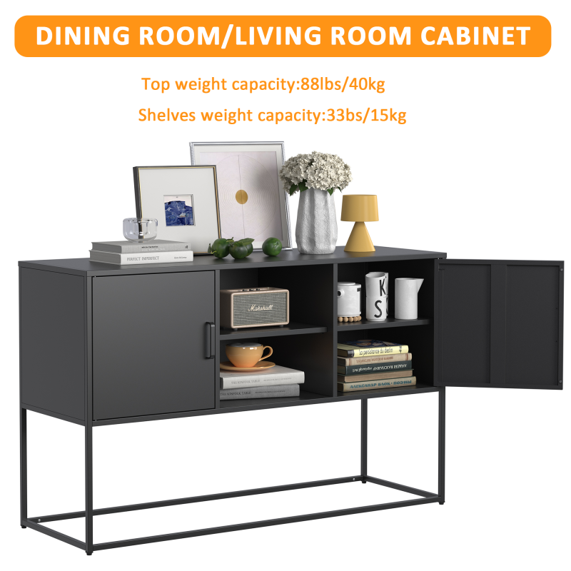 Schwarzer Metall-Akzent-Schrank, Sideboard-Buffet und Aufbewahrungs-Schrank-Safe, Robuster Metallbau mit stilvollem Schwarz, H 75 cm × B 120 cm × T 40 cm