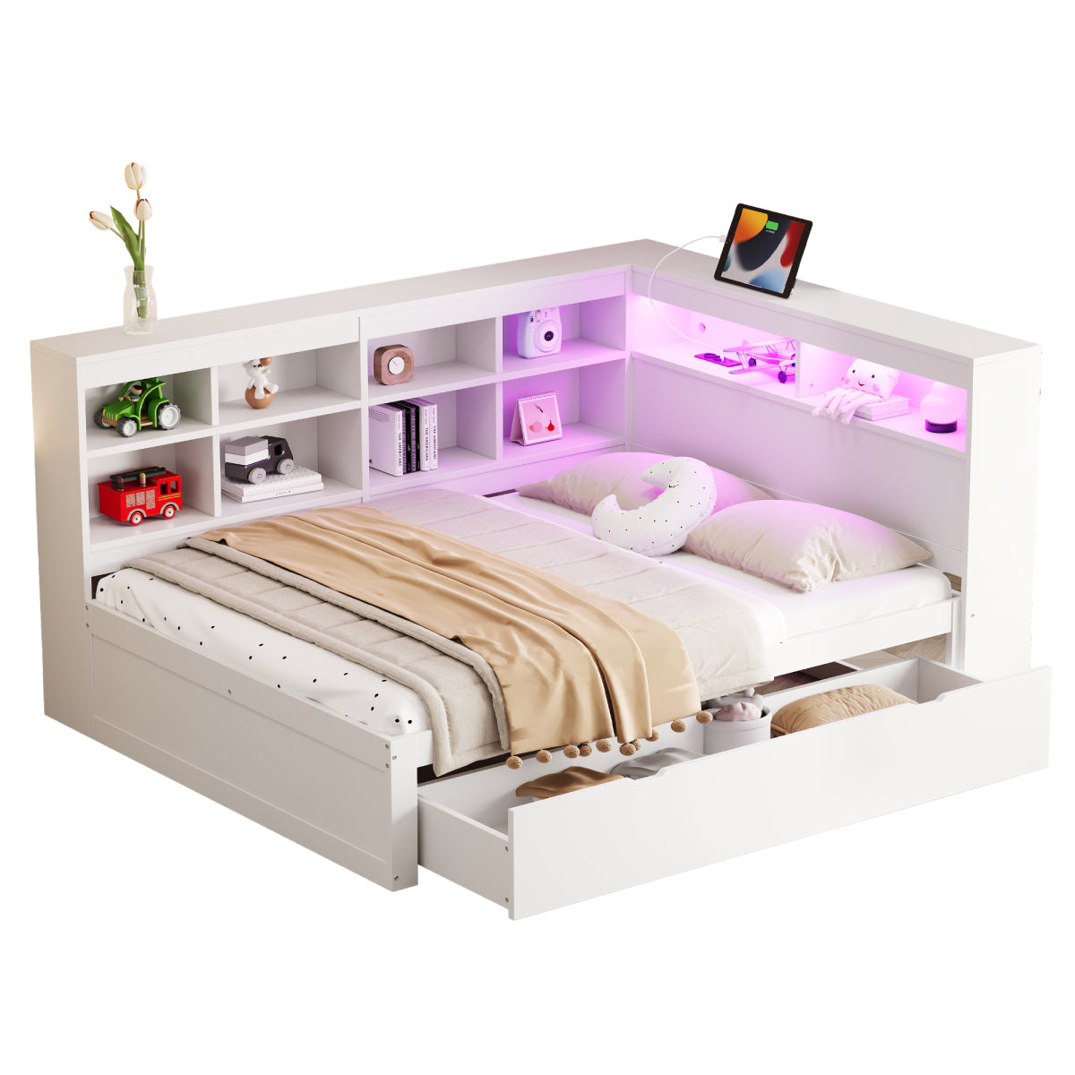 Massivholz-Doppelbett 140x200 Weiß mit LED & USB - Multifunktionales Sofa-Bett mit großen Schubladen, Ablagefächern & viel Stauraum, Weiß