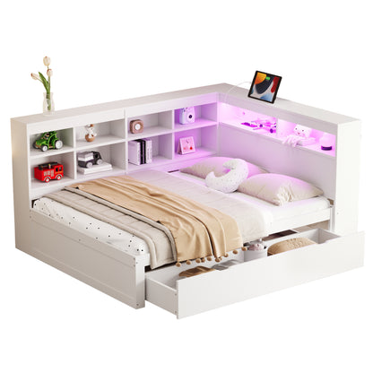 Massivholz-Doppelbett 140x200 Weiß mit LED & USB - Multifunktionales Sofa-Bett mit großen Schubladen, Ablagefächern & viel Stauraum, Weiß