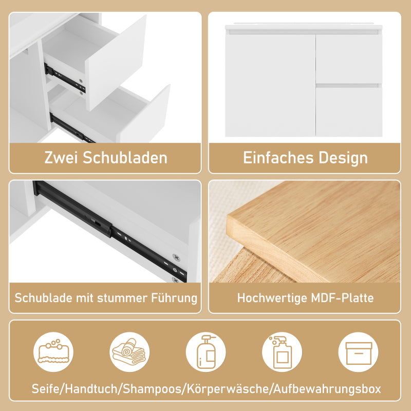 76x46x50cm wandhängend Badezimmerschränk, komplett lackiert, LED-Radarsensor-Beleuchtung, Waschtisch, zwei Schubladen, leise Gleitschienen, linke und rechte Ablage, integriertes Waschbecken, weiß