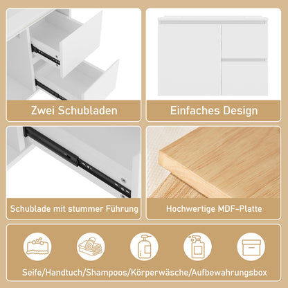 76x46x50cm wandhängend Badezimmerschränk, komplett lackiert, LED-Radarsensor-Beleuchtung, Waschtisch, zwei Schubladen, leise Gleitschienen, linke und rechte Ablage, integriertes Waschbecken, weiß