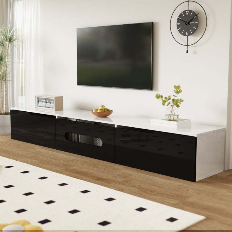 Schwarz-weißer TV-Schrank, 180 cm lang, Hochglanzoberfläche, mit 16-farbiger LED-Beleuchtung, wandmontierbar