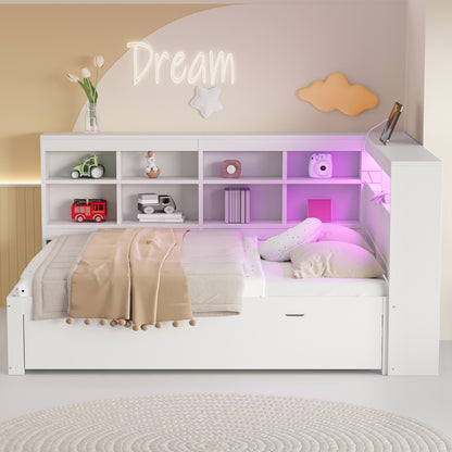 Massivholz-Doppelbett 140x200 Weiß mit LED & USB - Multifunktionales Sofa-Bett mit großen Schubladen, Ablagefächern & viel Stauraum, Weiß