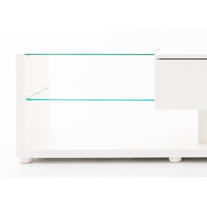 TV-Schränke, niedrige Paneele, hochglänzende weiße Glastrennwände und variable LED-Beleuchtung. Es verbindet natürlichen, rustikalen Stil mit modernem Design.