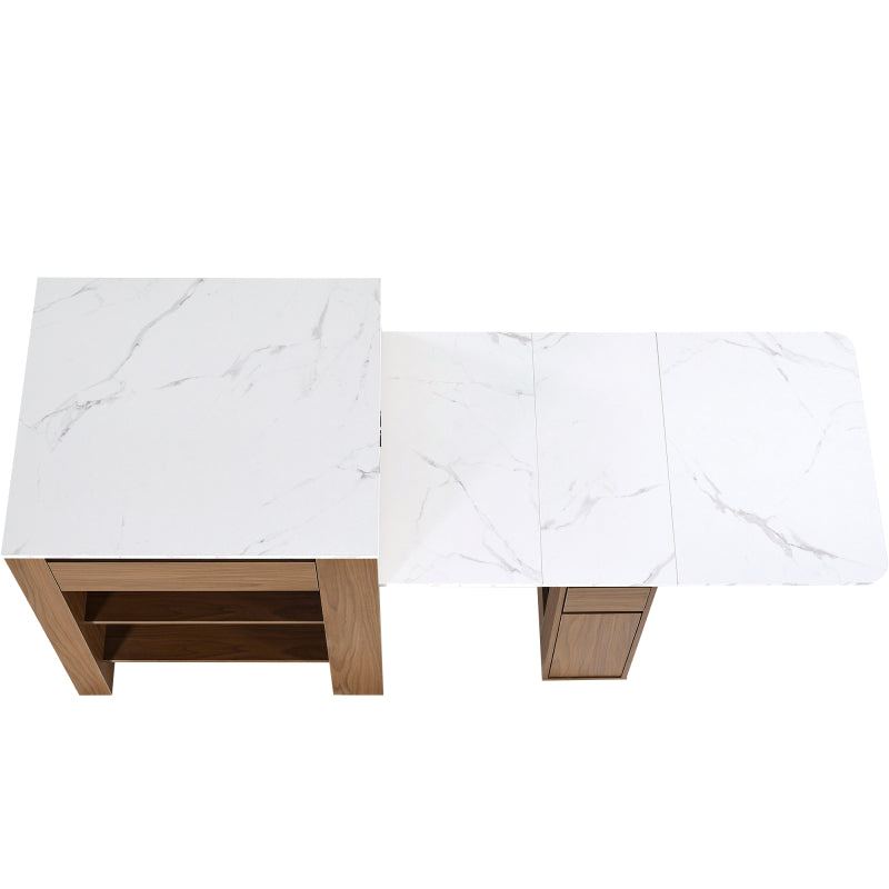 Ausziehbarer Bartisch mit Stauraum(110-124×78×97.5cm), für 2-6 Personen, Kücheninseln mit 2 Schubladen, 2 seitliche offene Regale und eingebaute Steckdose,Tischplatte aus weiß marmoriertem MDF,Braun