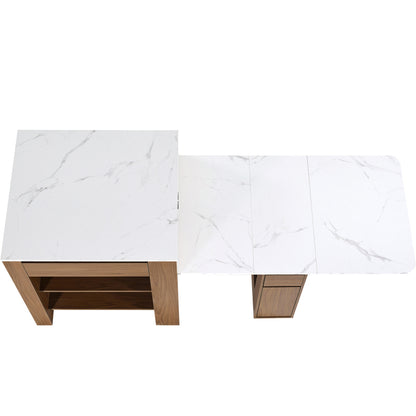 Ausziehbarer Bartisch mit Stauraum(110-124×78×97.5cm), für 2-6 Personen, Kücheninseln mit 2 Schubladen, 2 seitliche offene Regale und eingebaute Steckdose,Tischplatte aus weiß marmoriertem MDF,Braun