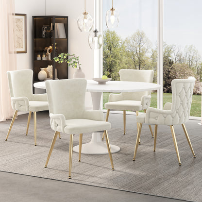 Samt-Esszimmerstuhl, 4er-Set, Loungesessel mit vier goldfarbenen Metallstützbeinen, Beige