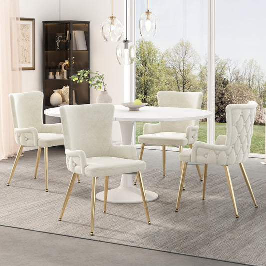 Samt-Esszimmerstuhl, 4er-Set, Loungesessel mit vier goldfarbenen Metallstützbeinen, Beige