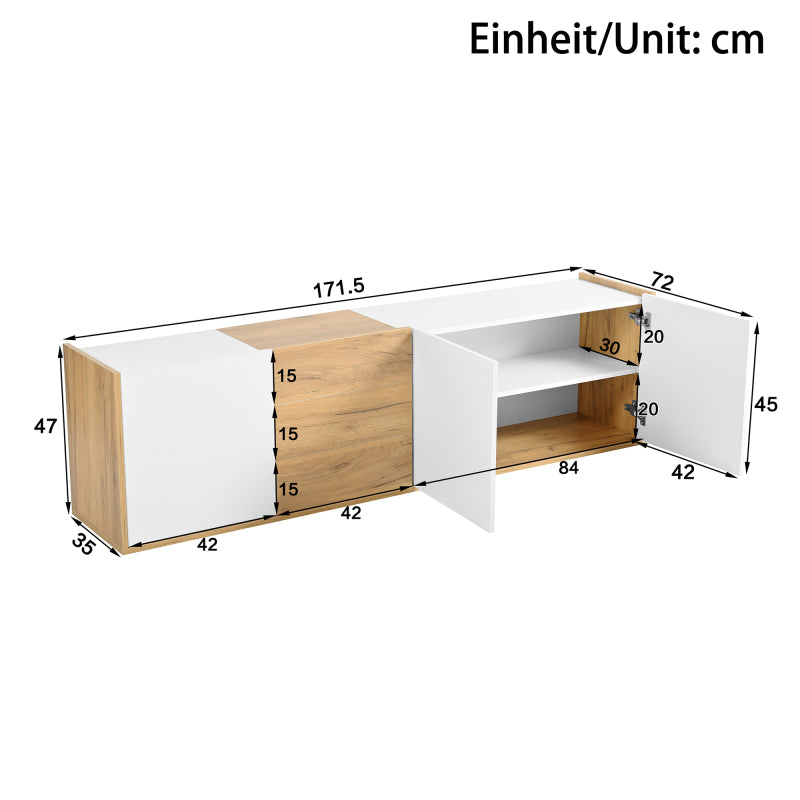 TV-Schrank, niedriges Paneel in Weiß und Holzfarben, TV-Möbel, die an die Wand gehängt oder auf den Boden gestellt werden können