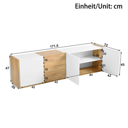 TV-Schrank, niedriges Paneel in Weiß und Holzfarben, TV-Möbel, die an die Wand gehängt oder auf den Boden gestellt werden können