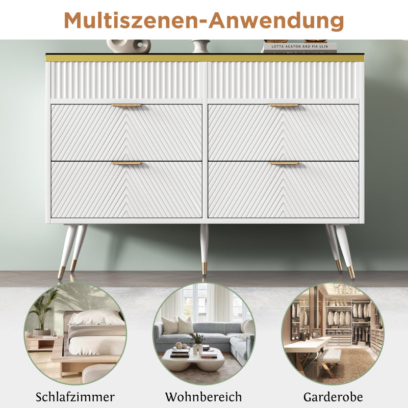 Kommode Sideboard aus Bernstein Glas, Kommode mit 6 Schubladen,Facheinteilung, kippsicher, Hochschrank für Schlafzimmer und alle Wohnräume, 120 x 40 x 76 cm, weiß