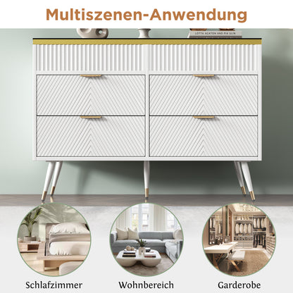 Kommode Sideboard aus Bernstein Glas, Kommode mit 6 Schubladen,Facheinteilung, kippsicher, Hochschrank für Schlafzimmer und alle Wohnräume, 120 x 40 x 76 cm, weiß