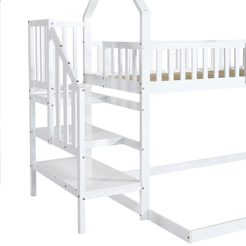 [29994142WAA]Etagenbett, Hausbett mit Treppe, Kinderbett mit Fallschutz und Gitter, Rahmen aus Kiefer, weiß (90x200&140*190cm)