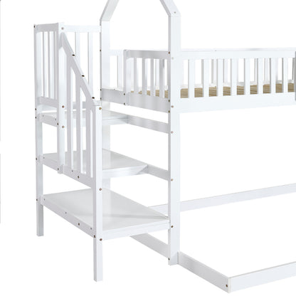 [29994142WAA]Etagenbett, Hausbett mit Treppe, Kinderbett mit Fallschutz und Gitter, Rahmen aus Kiefer, weiß (90x200&140*190cm)