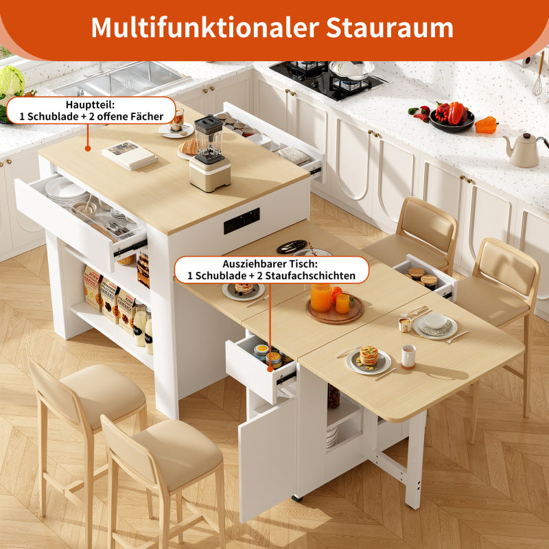 Ausziehbarer Bartisch mit Stauraum(110-124×78×97.5cm), für 2-6 Personen, Kücheninseln mit 2 Schubladen, 2 seitliche offene Regale und eingebaute Steckdose,Tischplatte aus weiß marmoriertem MDF,Weiß