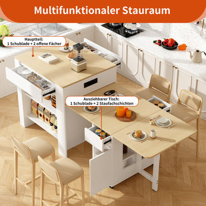 Ausziehbarer Bartisch mit Stauraum(110-124×78×97.5cm), für 2-6 Personen, Kücheninseln mit 2 Schubladen, 2 seitliche offene Regale und eingebaute Steckdose,Tischplatte aus weiß marmoriertem MDF,Weiß
