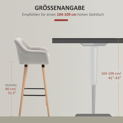 Barhocker 2er-Set bequeme Küchenhocker aus Leinen mit Sitzkissen und Fußstützen, Bistrohocker mit Buchenholzbeinen in Beige