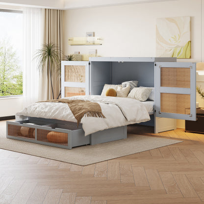 Schrankbett 140 x 200 cm, Wandbett mit Lattenrost, Wandklappbett, Rattan-Design, Holzbetten, Jugendbetten, Einzelbetten, Grau