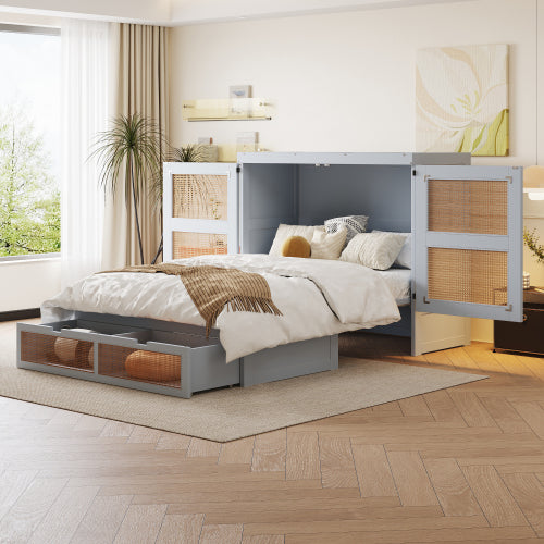 Schrankbett 140 x 200 cm, Wandbett mit Lattenrost, Wandklappbett, Rattan-Design, Holzbetten, Jugendbetten, Einzelbetten, Grau