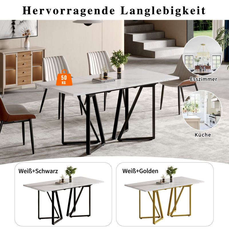 Moderner Esstisch mit Marmor-Muster, erweiterbar, Weiß+Schwarz
