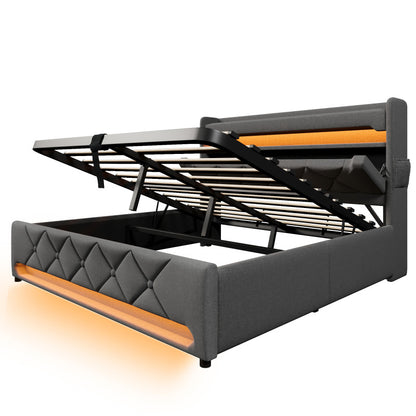 Polsterbett Doppelbett 180*200, Stauraum Kopfteil mit USB und Typ C-Port ,360-Surround-LED-Funktion rund um Kopf- und Fußende des, Betten mit Hydraulisch Stauraum, Grau , Leinen(Ohne Matratze)
