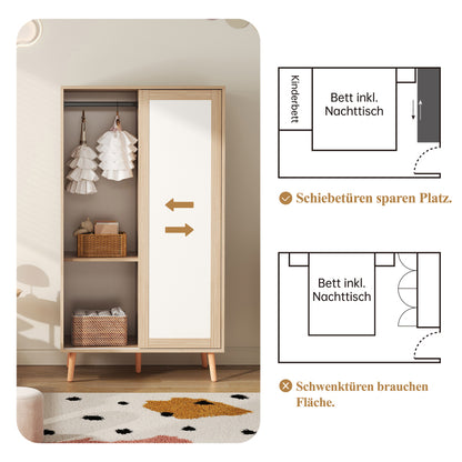 Kinder Kleiderschrank, Schiebetürenschrank mit Kleiderstange, Spanplatten Material, Vollholz-Standfüße, weiß+natürliches Holz
