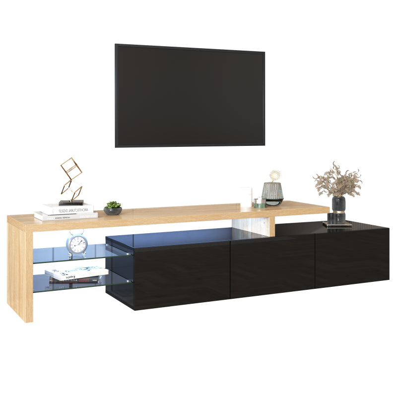 Modernes TV-Schrank-Design: Stilvolle Eleganz, praktischer Stauraum, Hochglänzendes Schwarz, Holzoptik, Glasböden, LED-Beleuchtung