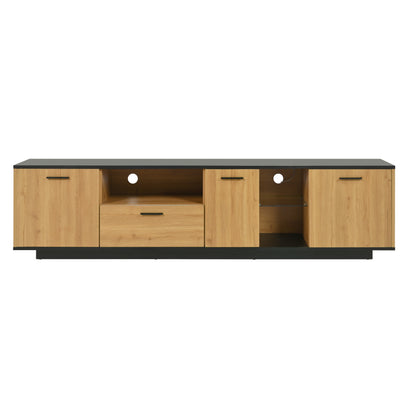 TV-Schrank mit einer Schublade, drei Türen, zwei offene Fächer mit Glas TV-Möbel, TV-Board, TV-Lowboard Feinstruktur. Schwarze und natürliche Holzfarben. 15 variable LED-Leuchten.