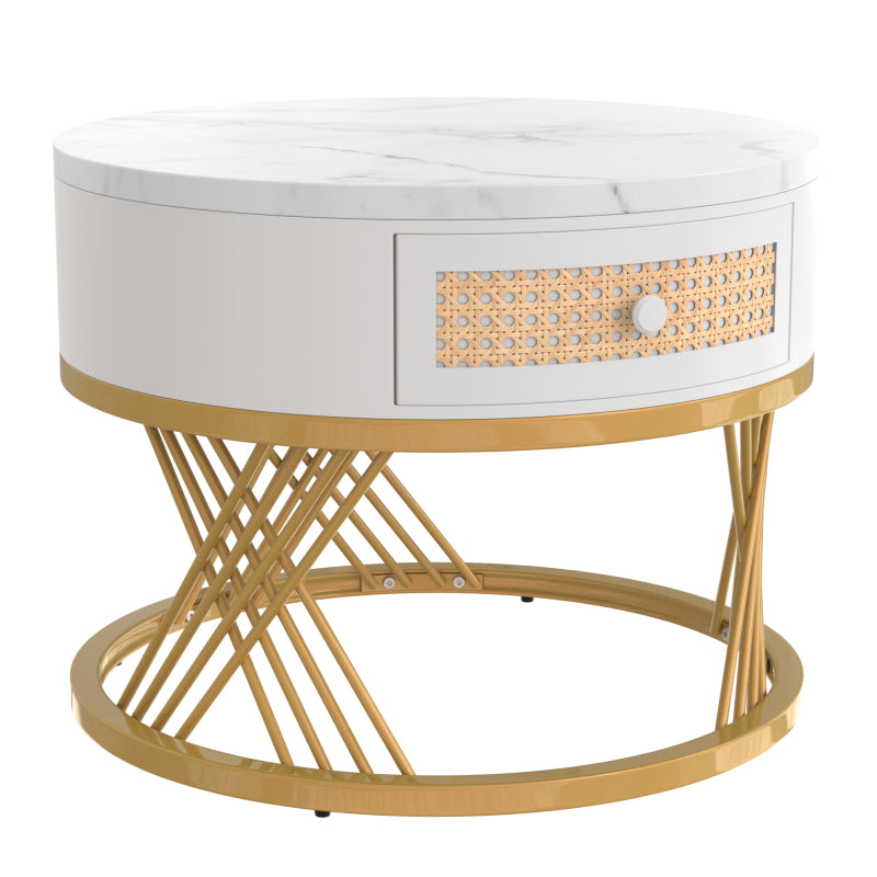 2 in 1 Runder Couchtisch aus MDF, Beistelltisch mit Tischplatte aus Marmor und Schubladen aus Kunststoff-Rattan, Griffe aus Massivholz. goldene Eisenfüße. 70*70*45,5+50*50*38,5cm
