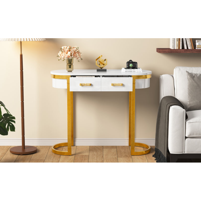 100 x 40 x 76 cm, Moderner und schlichter weißer Hochglanz-Sofa-Beistelltisch, Wohnzimmer-Konsolentisch,  Schreibtisch mit 2 Schubladen, geeignet für Wohnzimmer, Schlafzimmer, Büro, Flur
