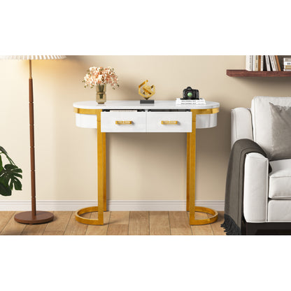 100 x 40 x 76 cm, Moderner und schlichter weißer Hochglanz-Sofa-Beistelltisch, Wohnzimmer-Konsolentisch,  Schreibtisch mit 2 Schubladen, geeignet für Wohnzimmer, Schlafzimmer, Büro, Flur
