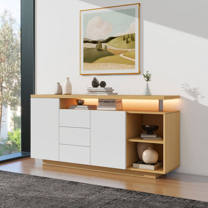 Multifunktionales Sideboard, Länge 140 cm, weiß und Holzimitat - 2 Türen, 3 Schubladen, 2 offene Fächer, mit LED-Beleuchtung