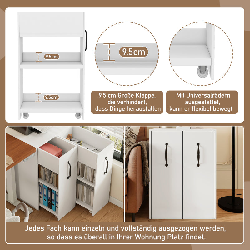Aktenschrank auf Rollen - mit Fächern und Schubladen, Aktenschrank aus Holz, links-rechts tauschbar, Einzelschrank voll ausziehbar, White