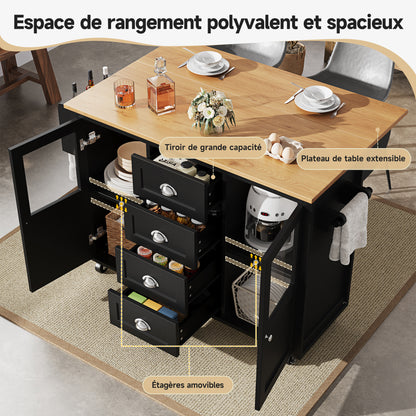 Kücheninsel Küchenwagen auf Rollen 120x73x93cm ausziehbarer Küchenschrank Buffetschrank mit Gewürzregal Handtuchhalter 2 Türen 4 Schubladen Schwarz