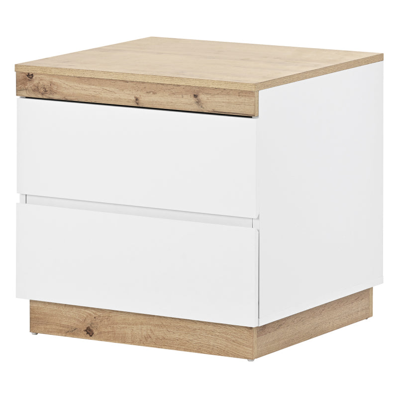 Nachttisch, Nachtschrank mit zwei Schubladen, Nachtkommode, Funktion von Aufbewahrung, für Schlafzimmer, E1-Spanplatte, weiß+oak