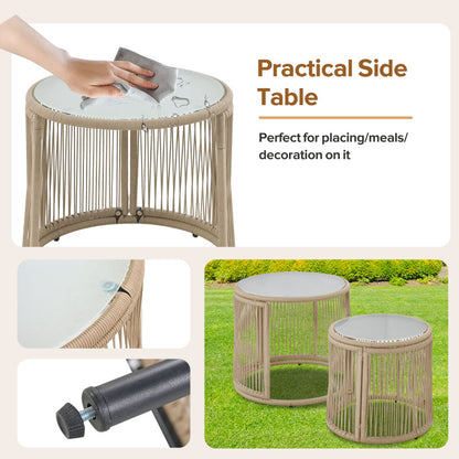 Gartenlounge-Set, Gartenmöbel-Set, Mit Eisenrahmen und beigem Seil, Gartenmöbel aus gewebtem Seil für den Außenbereich, Beige, Zwei Sessel, zwei 2-Sitzer-Sofas und zwei Tische (alle Kissen inklusive)