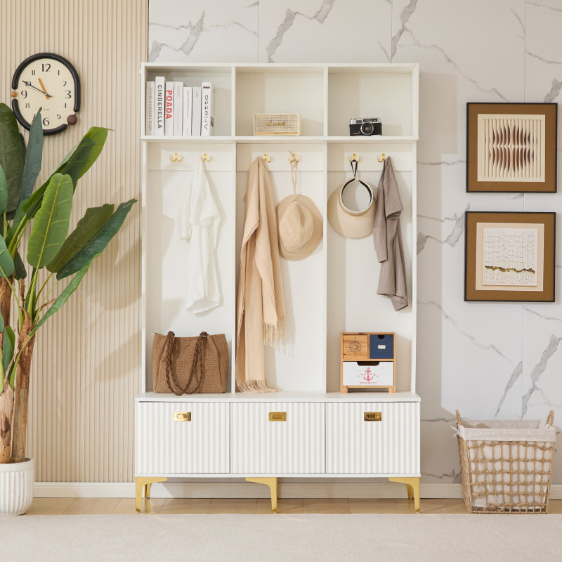Garderobenset mit Bank, multifunktionale Aufbewahrungsbank, offene Aufbewahrung,6 goldene Haken und Füße, geeignet für Flur, Wohnzimmer, weiß, B120/D40/H191.5CM