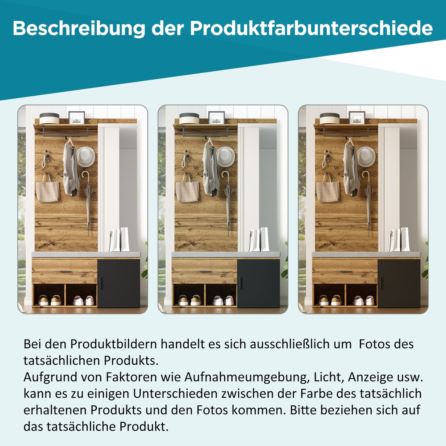 Garderoben Set in Holzoptik mit Spiegel, Schuhbank (104 x 39 cm) mit Polster, Schuhschrank, Schublade, Regal, Kleiderhaken – Praktisches Design für den Eingangsbereich