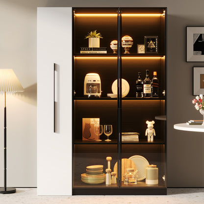 Multifunktionsschrank 110,5x35x160cm Vitrine mit LED-Beleuchtung, Seitenauszug & Glastür – Moderner Hochschrank in Schwarz-Weiß