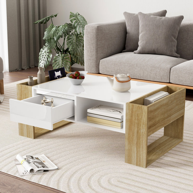 Moderner Couchtisch 105 x 60 x 40 cm - teilweise hochglanz, mit Schubladen und offenen Fächern