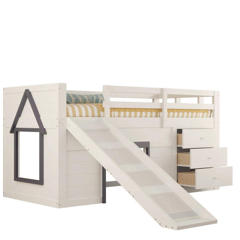 90 x 200 niedriges Hochbett mit Rutsche, drei Schubladen und zwei Türen, Creme